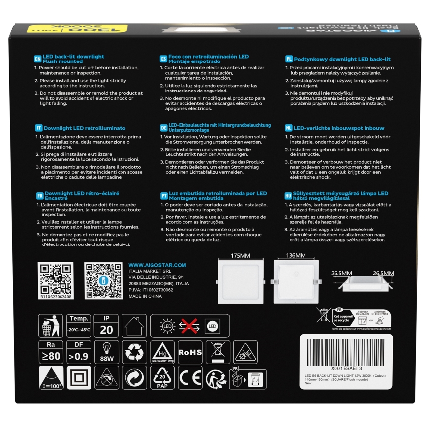Aigostar - LED-kattovalaisimet LED/12W/230V 3000K 17,5x17,5 cm valkoinen