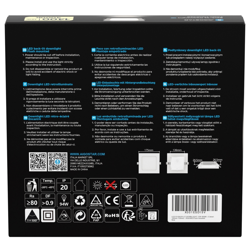 Aigostar - LED-kattovalaisimet LED/12W/230V 4000K 17,5x17,5 cm valkoinen