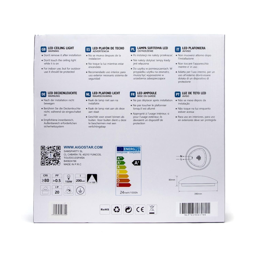 Aigostar - LED-kattovalaisin anturilla LED/24W/230V 3000K