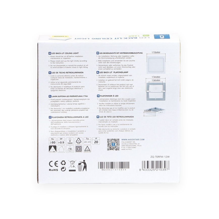 Aigostar - LED-kattovalaisin LED/12W/230V 17,3x17,3 cm 3000K valkoinen
