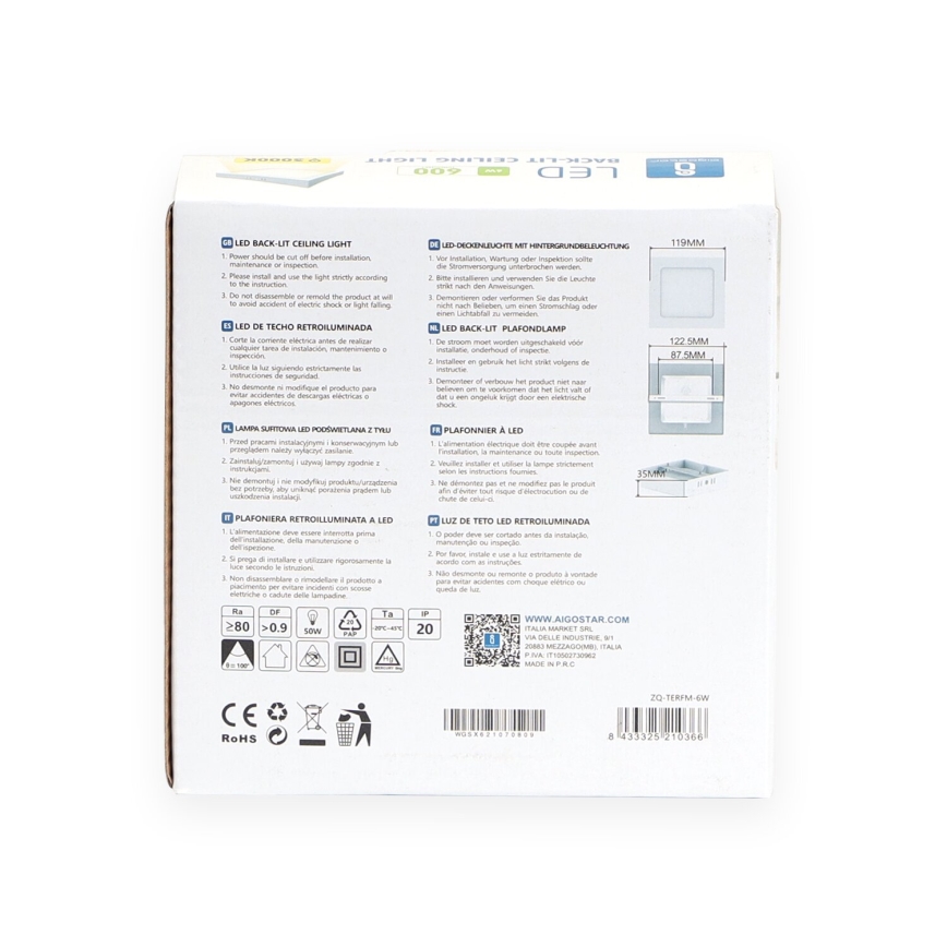 Aigostar - LED-kattovalaisin LED/6W/230V 12,2x12,2 cm 3000K valkoinen
