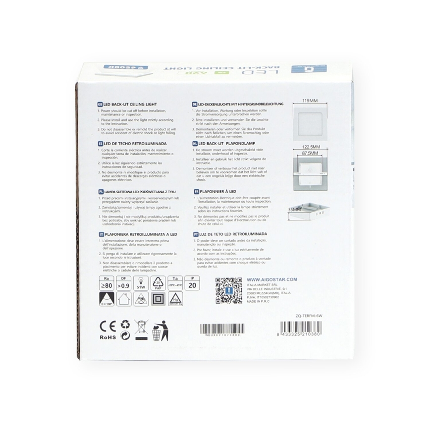 Aigostar - LED-kattovalaisin LED/6W/230V 12,2x12,2 cm 6500K valkoinen