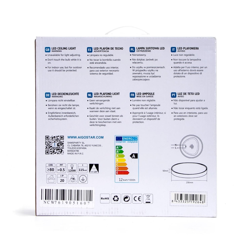 Aigostar - LED Kattovalo LED/12W/230V 3000K d. 23 cm valkoinen