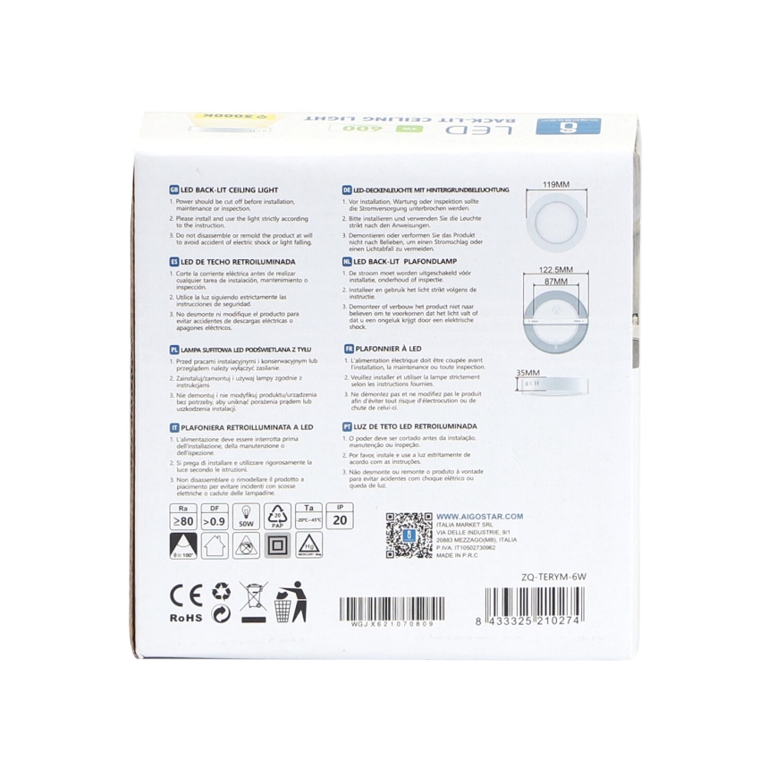 Aigostar - LED Kiinteä kattovalaisin LED/6W/230V halkaisija 12,3 cm 3000K valkoinen