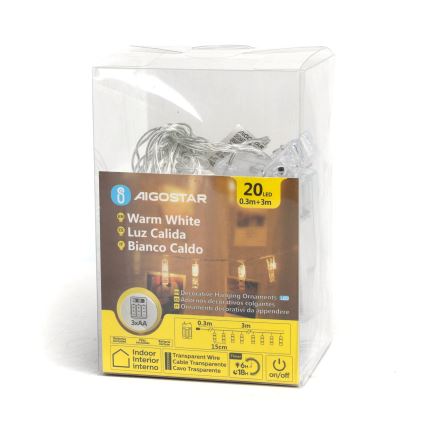 Aigostar - LED-koristeketju kanssa pegs 20xLED/3xAA 3,3m lämpimänvalkoinen