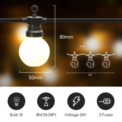 Aigostar - LED Koristeketju ulkokäyttöön 10xLED/8m IP44 lämmin valkoinen