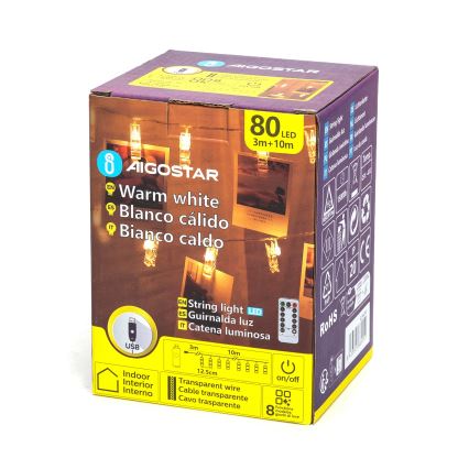 Aigostar - LED-koristevalosarja 80xLED/5W/USB 13 m lämmin valkoinen