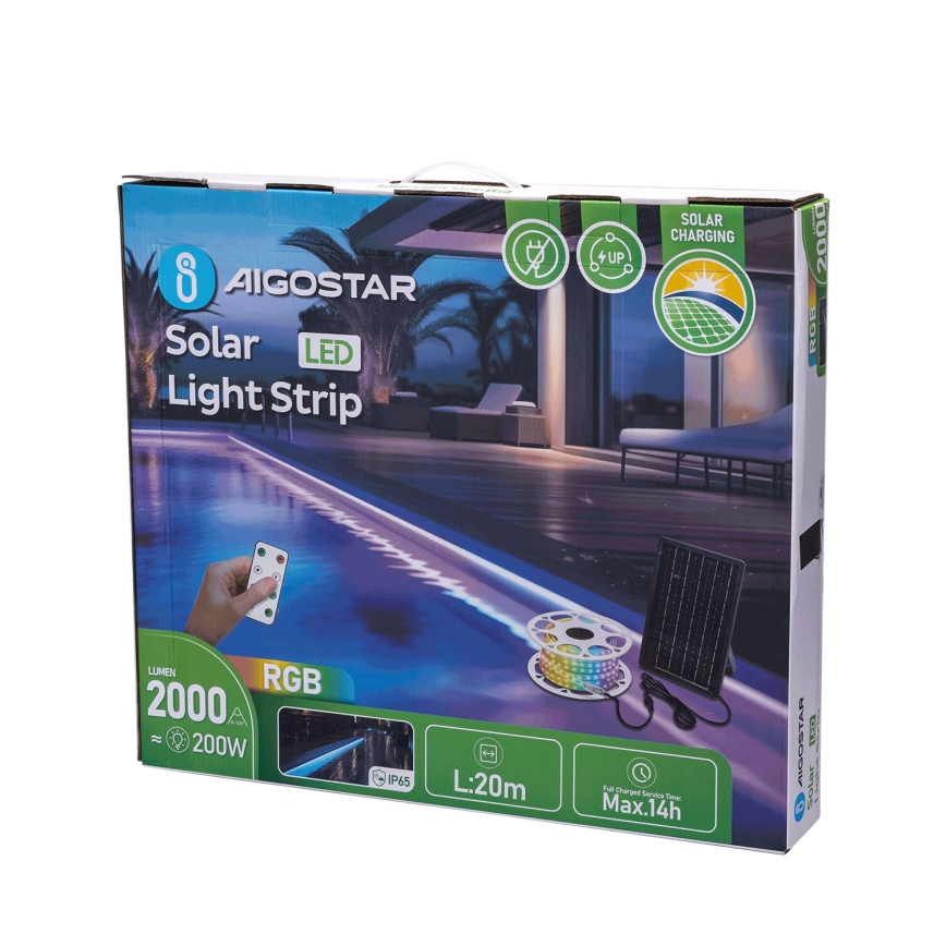 Aigostar - LED RGB Himmennettävä aurinkokenno valonauha LED/20W/3,2V 20 m IP65 + kauko-ohjaus