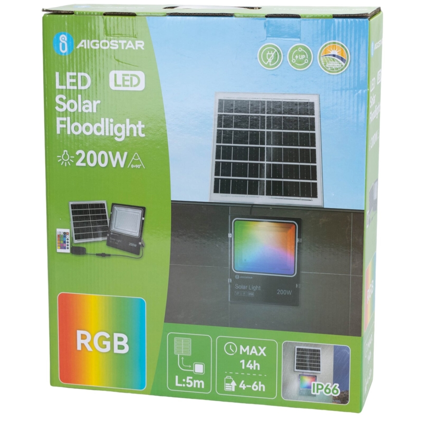 Aigostar - LED RGB Himmennettävä aurinkokenno valonheitin LED/200W/3,2V IP66 + kauko-ohjaus