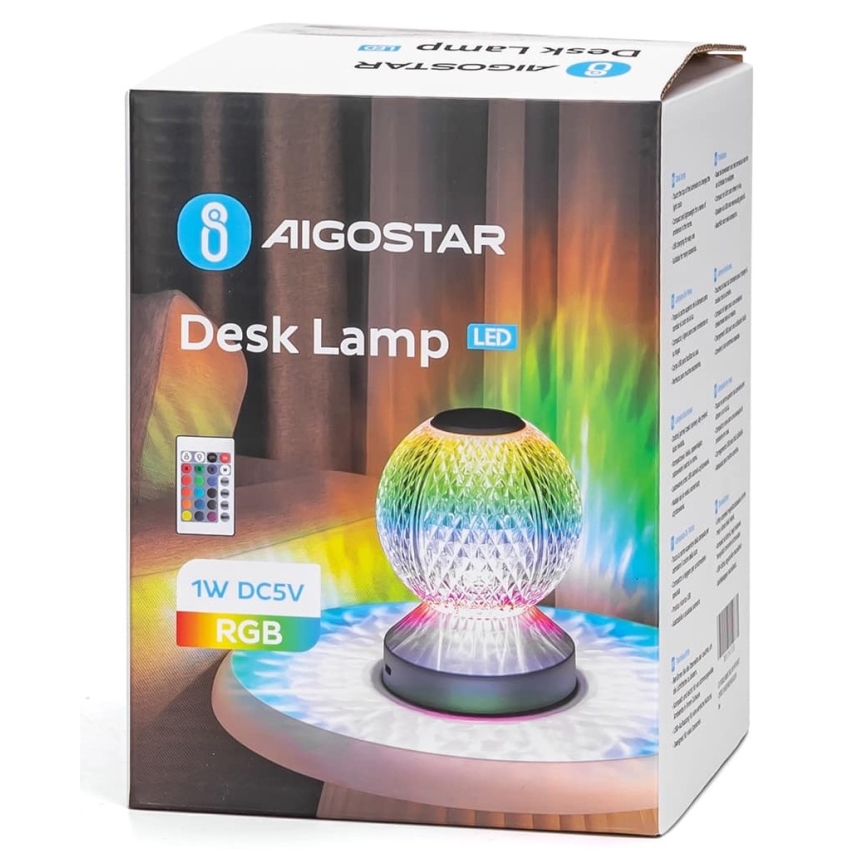 Aigostar - LED RGB Himmennettävä ja ladattava pöytälamppu LED/1W/5V 1800mAh 13,5 cm + kauko-ohjaus