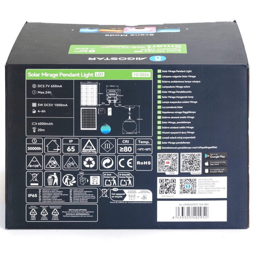 Aigostar - LED RGB Himmennettävä aurinkokennolla toimiva kattokruunu MESH LED/20W/3,7V 4000 mAh 2700K-6500K IP65 halkaisija 15 cm
