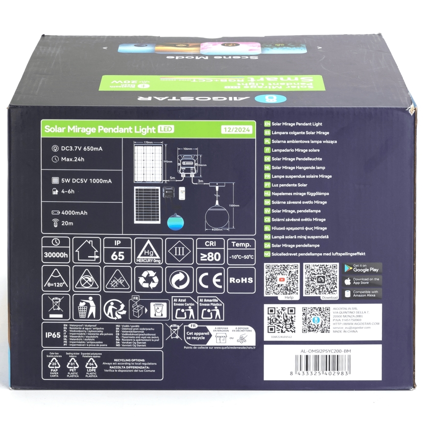 Aigostar - LED RGB Himmennettävä aurinkokennolla toimiva kattokruunu MESH LED/20W/3,7V 4000 mAh 2700K-6500K IP65 halkaisija 20 cm