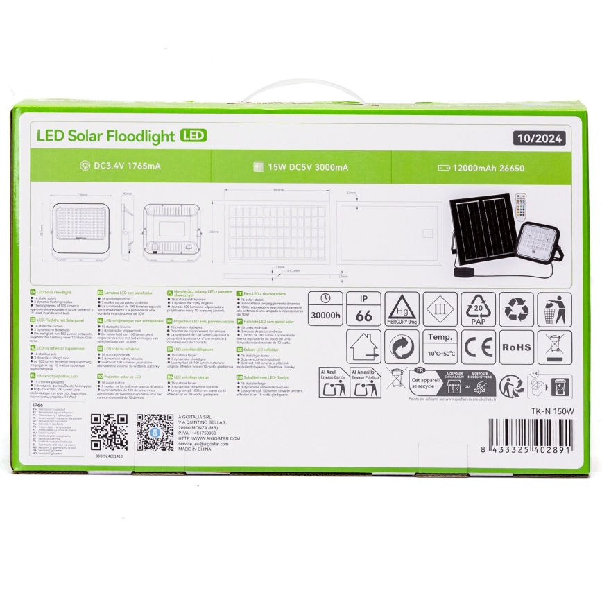 Aigostar - LED RGBW Himmennettävä aurinkokenno valonheitin LED/150W/3,4V IP66 12000 mAh + kauko-ohjaus