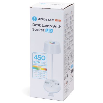 Aigostar - LED RGBW Himmennettävä pöytälampu, jossa pistorasiat ja USB LED/4,6W/230V 3000/4000/6500K valkoinen