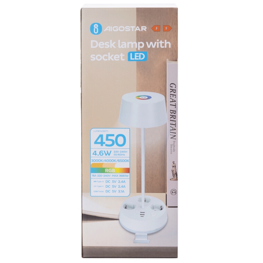 Aigostar - LED RGBW Himmennettävä pöytälampu, jossa pistorasiat ja USB LED/4,6W/230V 3000/4000/6500K valkoinen