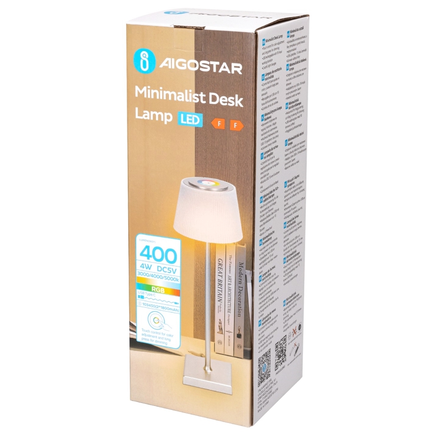 Aigostar - LED RGBW Himmennettävä ladattava ulkopöytävalaisin LED/4W/5V 3600mAh valkoinen/mattakromi IP54