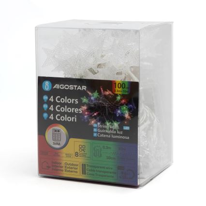 Aigostar - LED RGBY ulkokäyttöön tarkoitettu jouluköynnös 100xLED/8 toimintoa 3xAA 10m IP44 tähdet