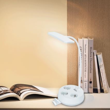 Aigostar - LED-säädettävä pöytälamppu USB-liitännällä ja pistorasioilla, LED/4,6W/230V, 3000/4000/6500K, valkoinen