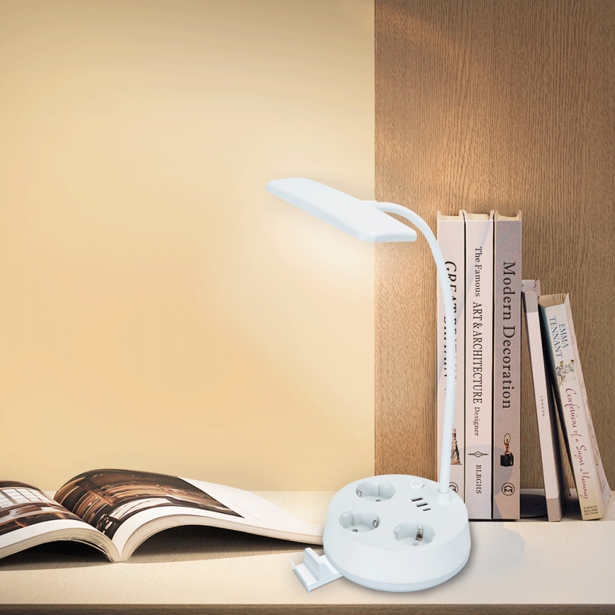 Aigostar - LED-säädettävä pöytälamppu USB-liitännällä ja pistorasioilla, LED/4,6W/230V, 3000/4000/6500K, valkoinen