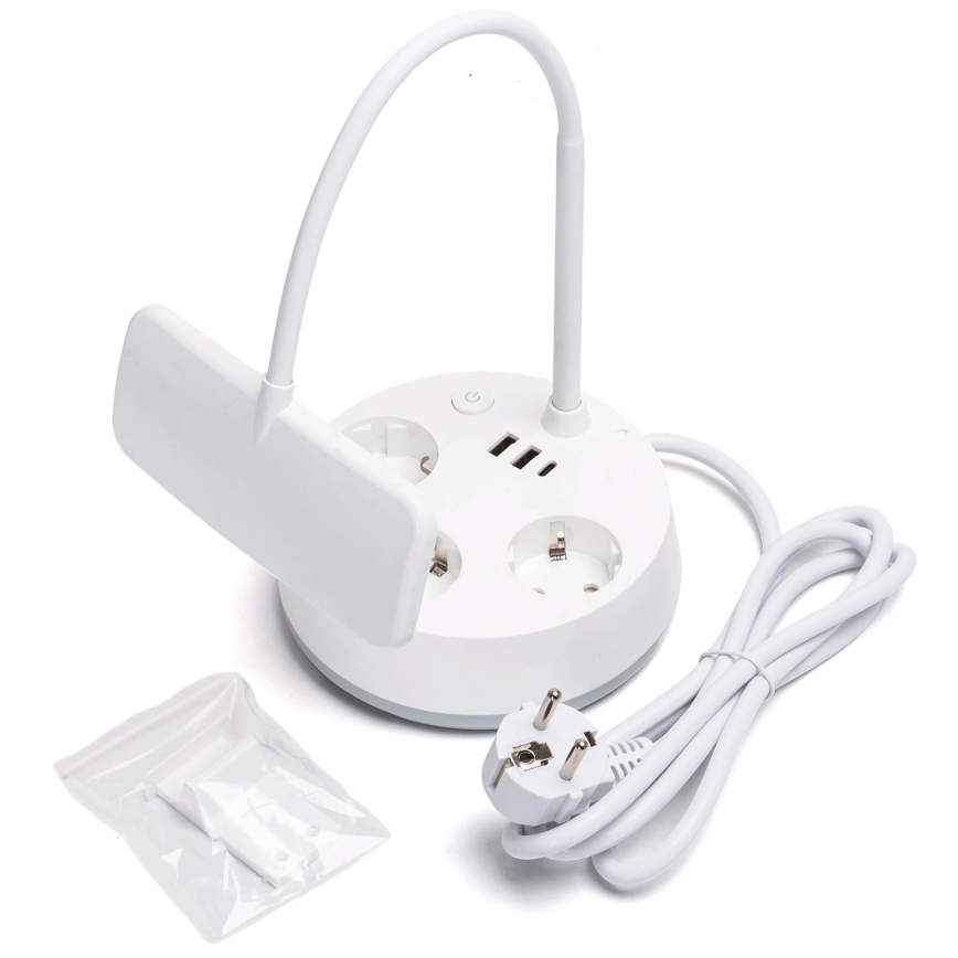 Aigostar - LED-säädettävä pöytälamppu USB-liitännällä ja pistorasioilla, LED/4,6W/230V, 3000/4000/6500K, valkoinen