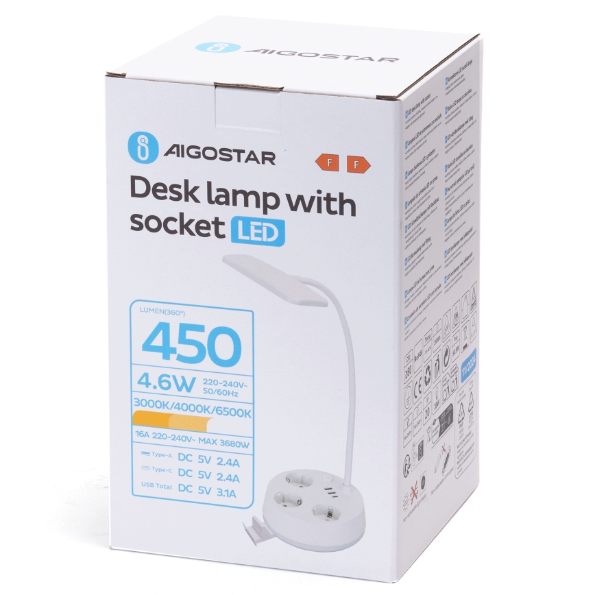 Aigostar - LED-säädettävä pöytälamppu USB-liitännällä ja pistorasioilla, LED/4,6W/230V, 3000/4000/6500K, valkoinen