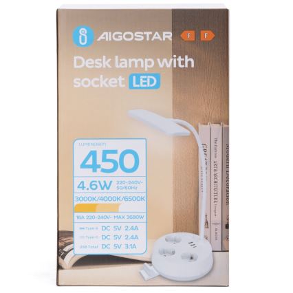 Aigostar - LED-säädettävä pöytälamppu USB-liitännällä ja pistorasioilla, LED/4,6W/230V, 3000/4000/6500K, valkoinen