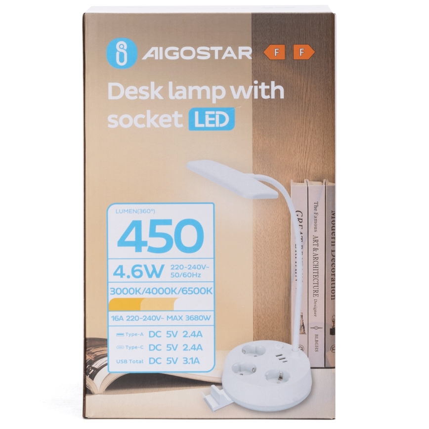 Aigostar - LED-säädettävä pöytälamppu USB-liitännällä ja pistorasioilla, LED/4,6W/230V, 3000/4000/6500K, valkoinen