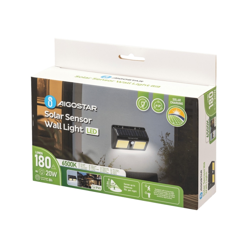 Aigostar - LED-seinäaurinkovalaisin anturilla LED/20W/5,5V 2400 mAh 6500K IP65