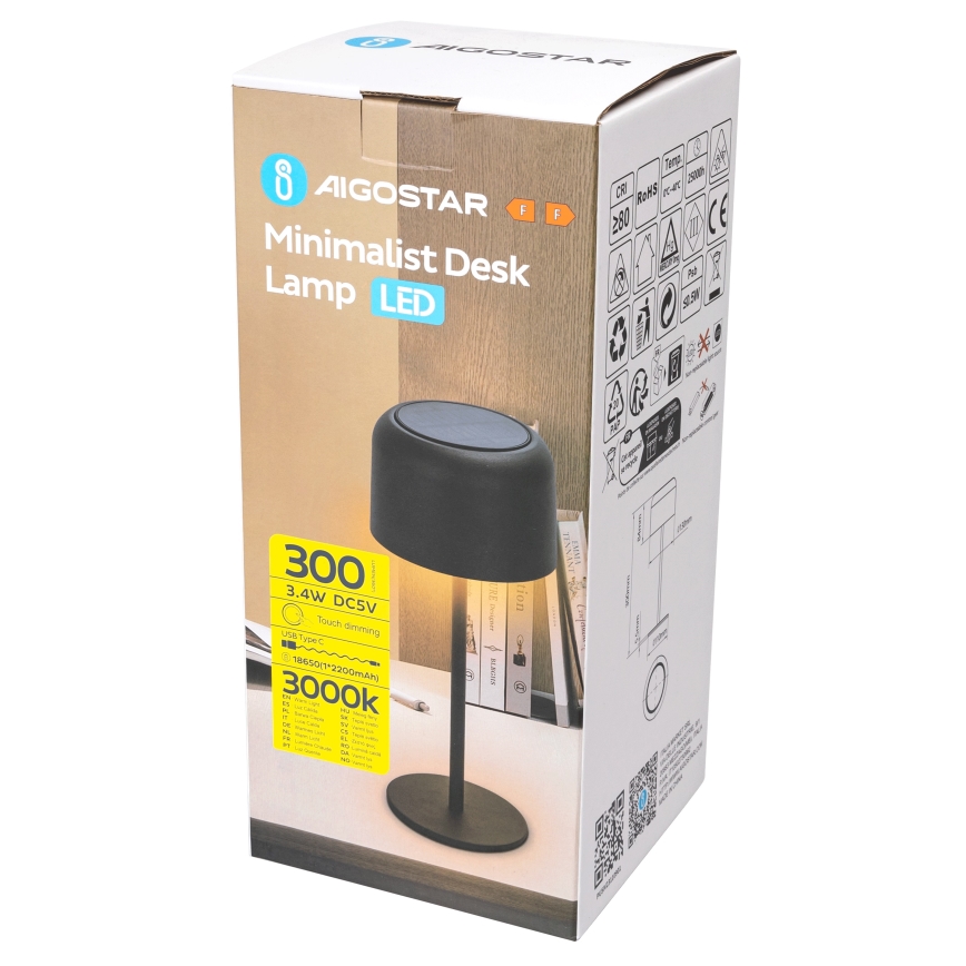 Aigostar - LED Solar himmennettävä ladattava pöytävalaisin LED/3W/5V 2200mAh musta IP54