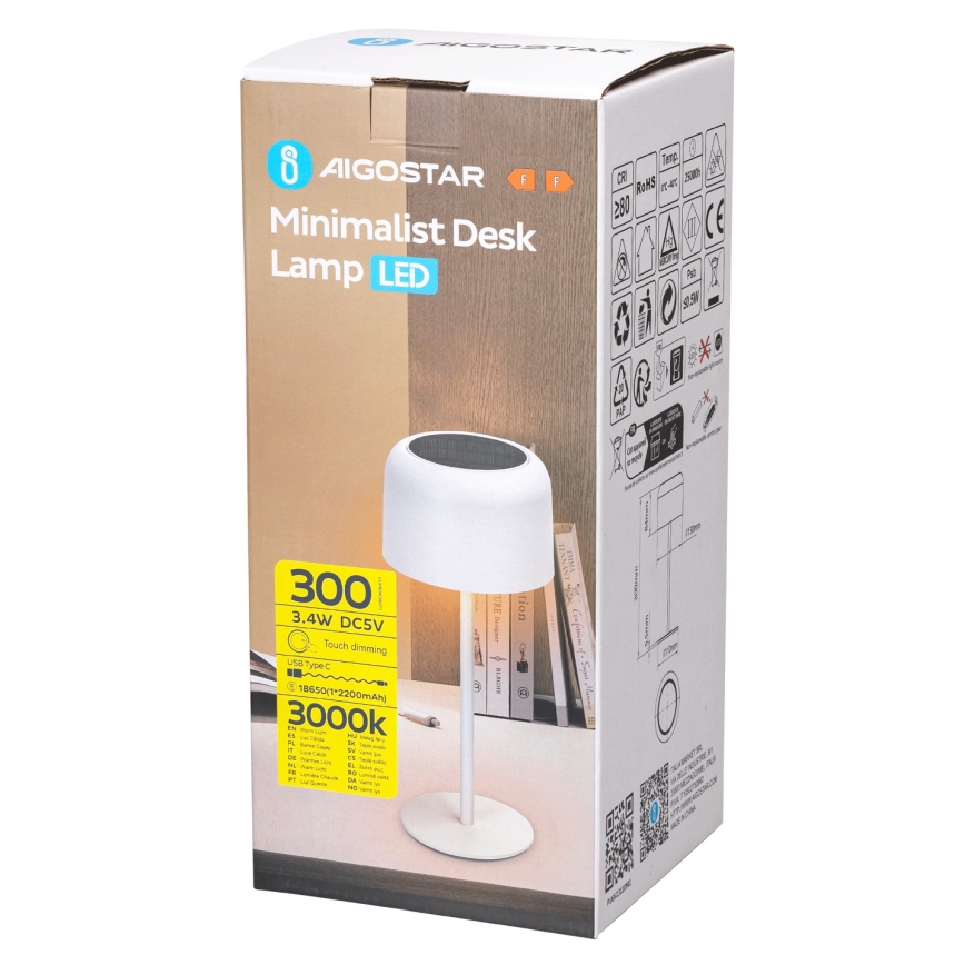 Aigostar - LED Solar himmennettävä ladattava pöytävalaisin LED/3W/5V 2200mAh valkoinen IP54