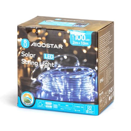 Aigostar - LED Solar Jouluketju 100xLED/8 toiminnot 12m IP65 kylmänvalkoinen