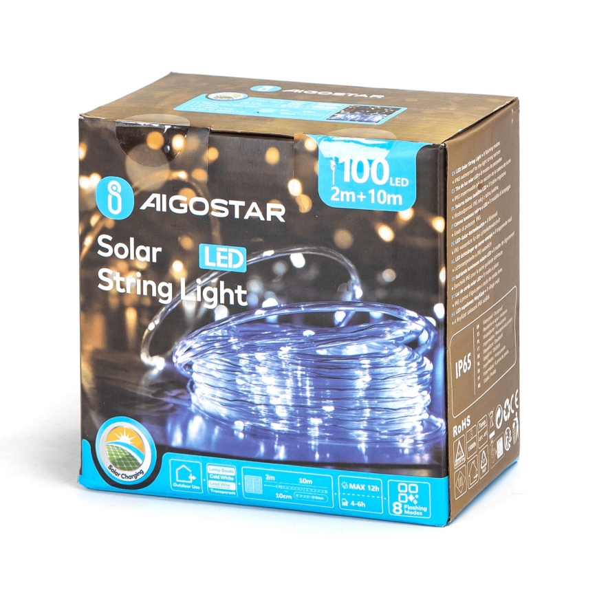 Aigostar - LED Solar Jouluketju 100xLED/8 toiminnot 12m IP65 kylmänvalkoinen