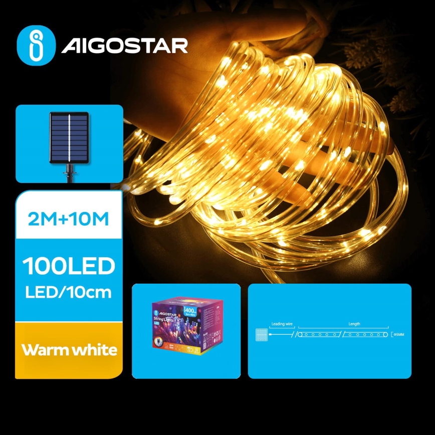 Aigostar - LED Solar Jouluketju 100xLED/8 toiminnot 12m IP65 lämpimänvalkoinen