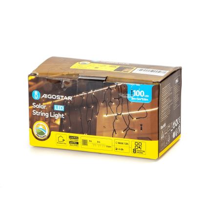 Aigostar - LED Solar Jouluketju 100xLED/8 toiminnot 8x0,6m IP65 lämpimänvalkoinen