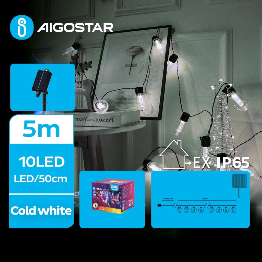 Aigostar - LED Solar Jouluketju 10xLED/8 toiminnot 6,5m IP65 kylmänvalkoinen