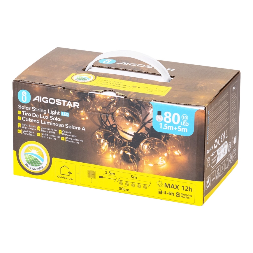 Aigostar - LED Solar Jouluketju 10xLED/8 toiminnot 6,5m IP65 lämpimänvalkoinen
