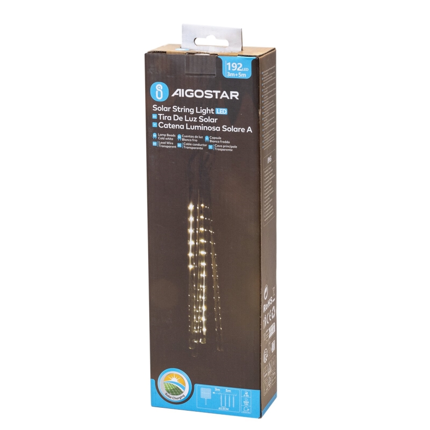 Aigostar - LED Solar Jouluketju 192xLED/8m IP65 kylmänvalkoinen