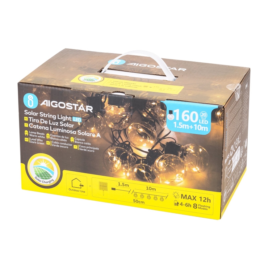 Aigostar - LED Solar Jouluketju 20xLED/8 toiminnot 11,5m IP65 lämpimänvalkoinen