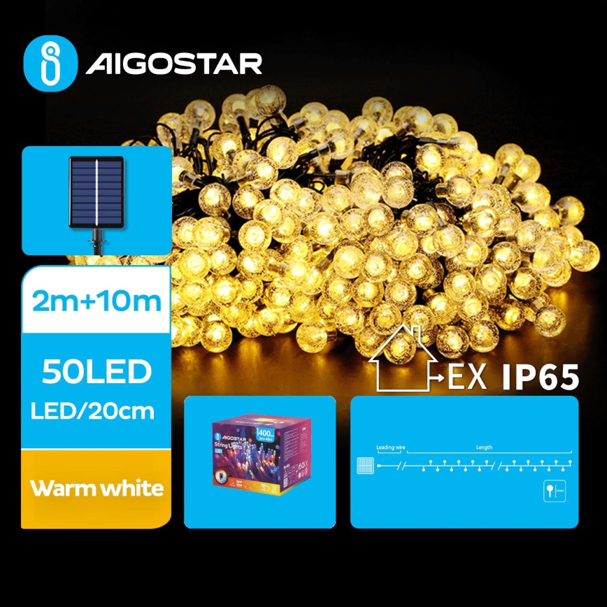 Aigostar - LED Solar koristeellinen ketju 50xLED/8 toiminnot 12m 800 mAh IP65 lämpimänvalkoinen