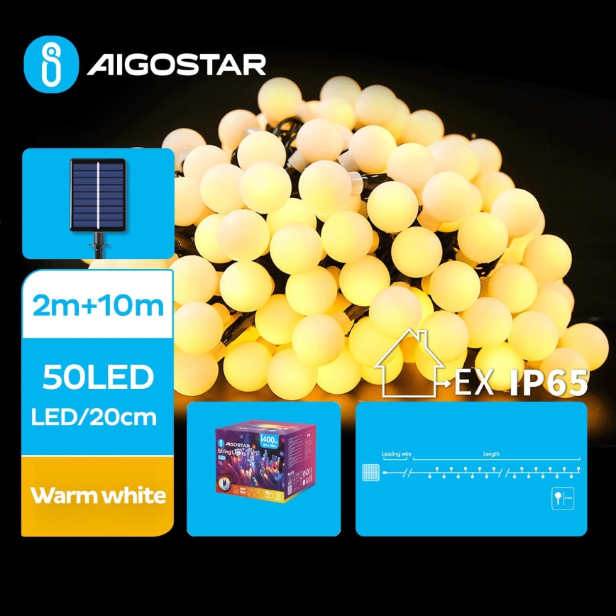 Aigostar - LED Solar koristeellinen ketju 50xLED/8 toiminnot 12m IP65 lämpimänvalkoinen