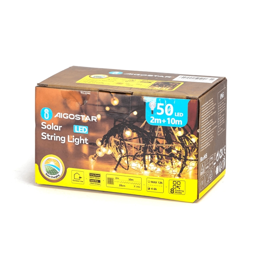 Aigostar - LED Solar koristeellinen ketju 50xLED/8 toiminnot 12m 800 mAh IP65 lämpimänvalkoinen