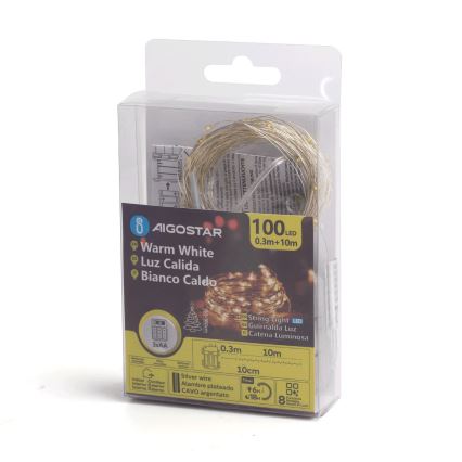 Aigostar -LED-ulkojouluketju 100xLED/8 toiminnot 3xAA 10,3m IP44 lämpimänvalkoinen