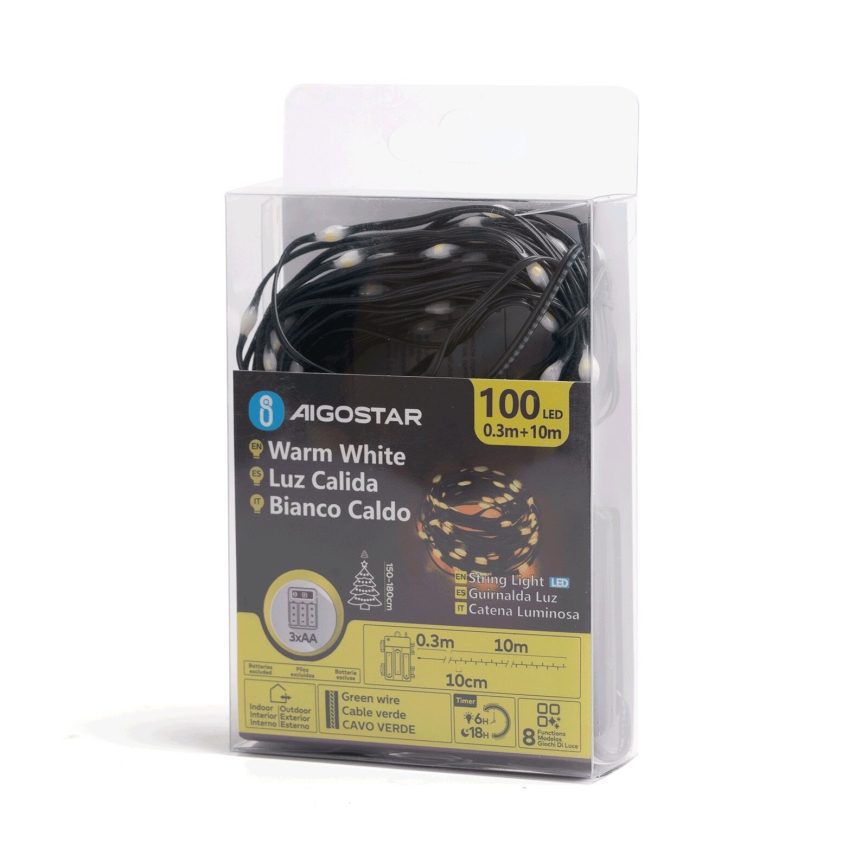 Aigostar - LED-ulkojouluketju 100xLED/8 toiminnot 3xAA 10,3m IP44 lämpimänvalkoinen