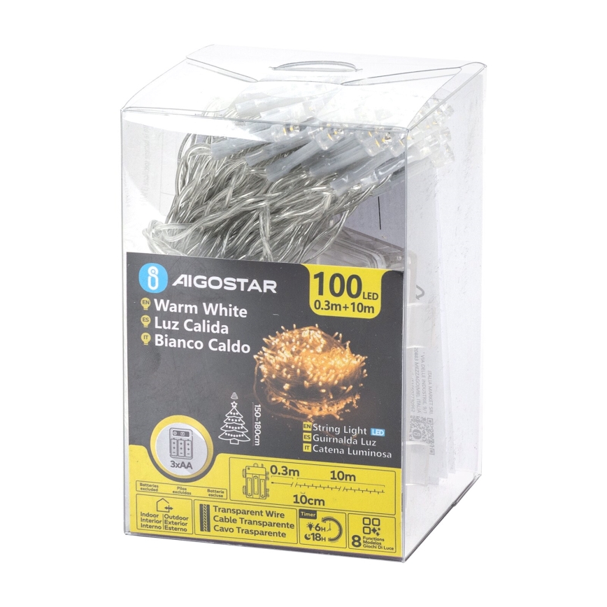 Aigostar -LED-ulkojouluketju 100xLED/8 toiminnot 3xAA 10,3m IP44 lämpimänvalkoinen