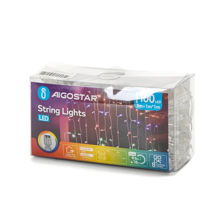 Aigostar - LED-ulkojouluketju 100xLED/8 toiminnot 3xAA 4x1m IP44 monivärinen
