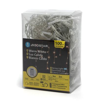 Aigostar-LED-ulkojouluketju 100xLED/8 toiminnot 3xAA 8x0,6m IP44 lämpimänvalkoinen