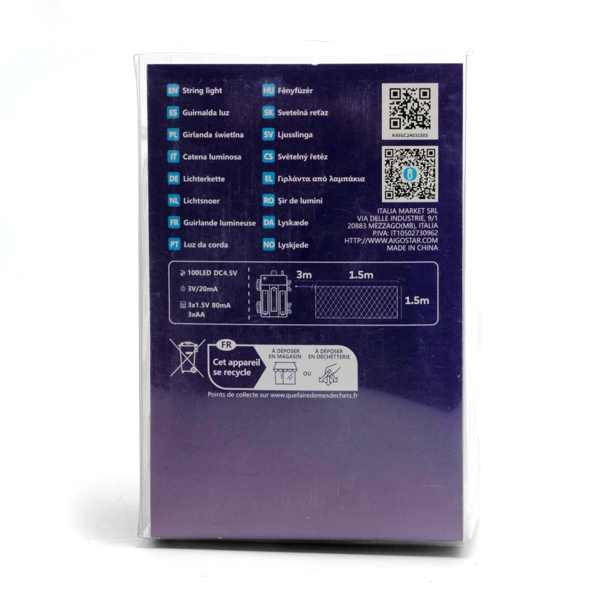 Aigostar -LED-ulkojouluketju 100xLED/8 toiminnot/3xAA 4,5x1,5m IP44 kylmänvalkoinen