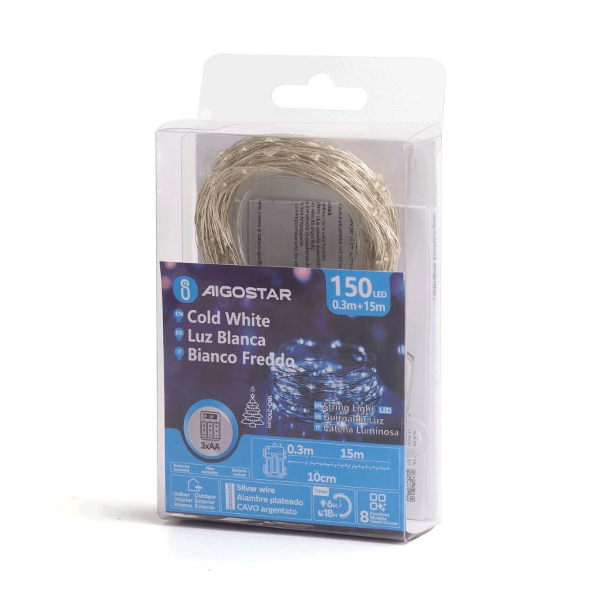 Aigostar - LED-ulkojouluketju 150xLED/8 toiminnot 15,3m IP44 kylmänvalkoinen