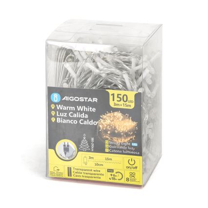 Aigostar - LED-ulkojouluketju 150xLED/8 toiminnot 18m IP44 lämpimänvalkoinen