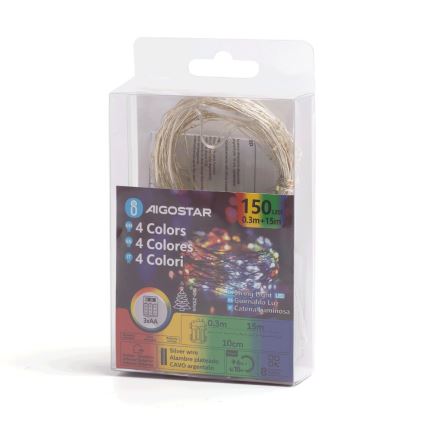 Aigostar - LED-ulkojouluketju 150xLED/8 toiminnot/3xAA 15,3m IP44 monivärinen